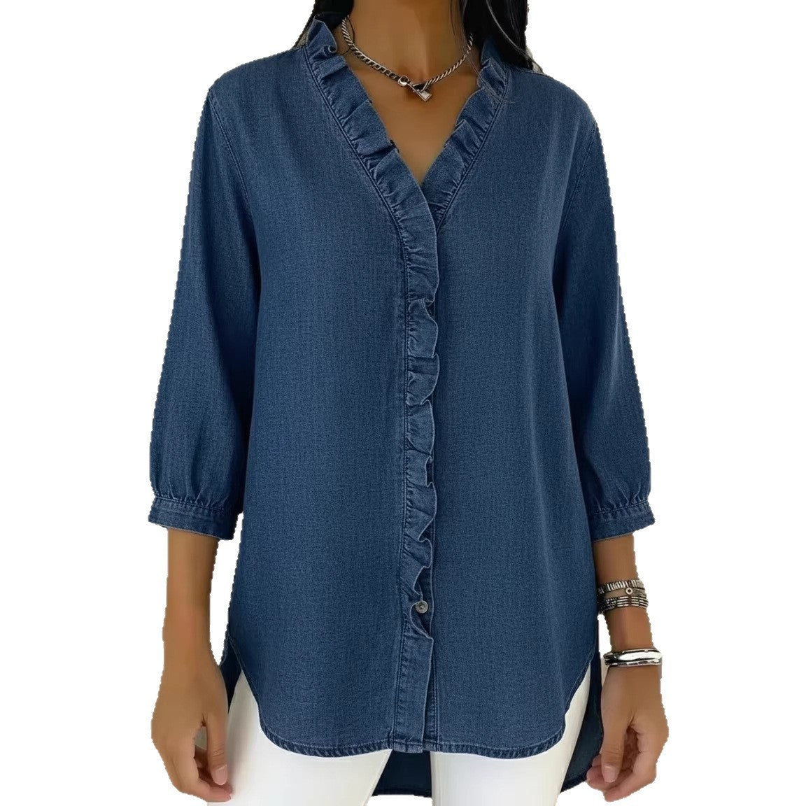 Women's Fashionable Casual Faux Denim V-Neck Shirt