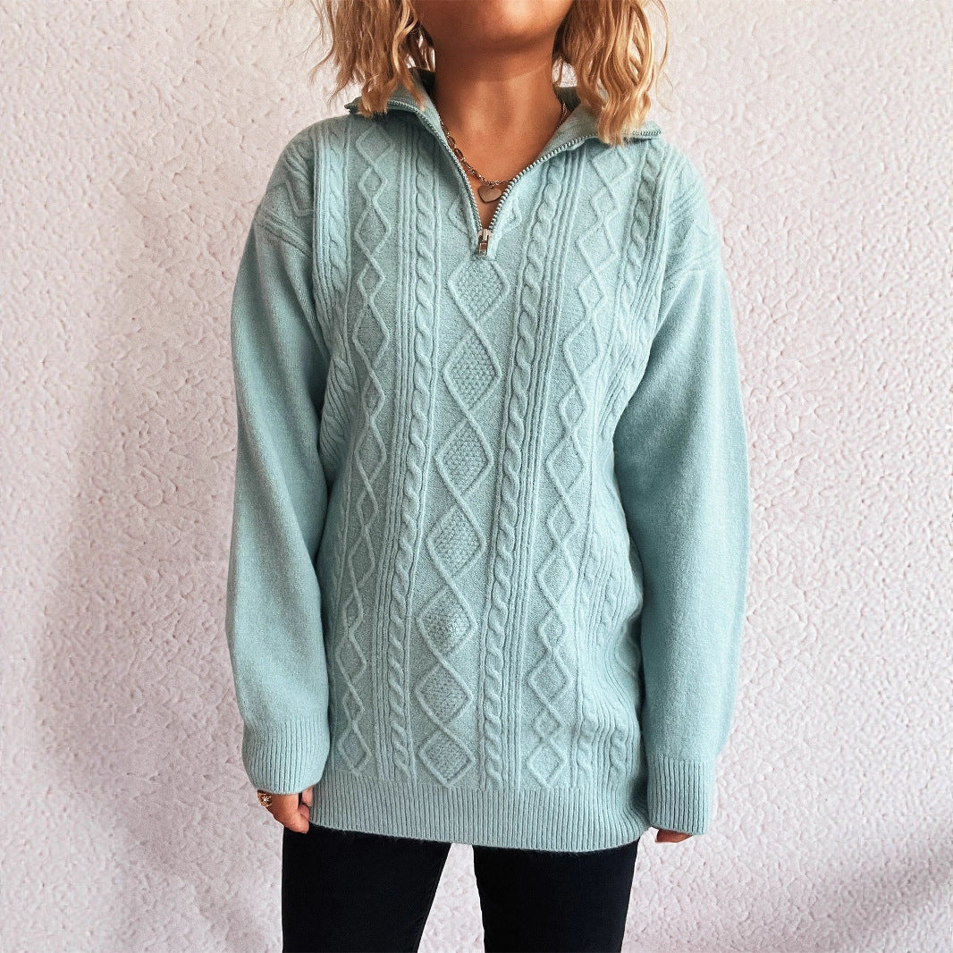 Solid Color Casual Zipper Knitted Sweater For Women