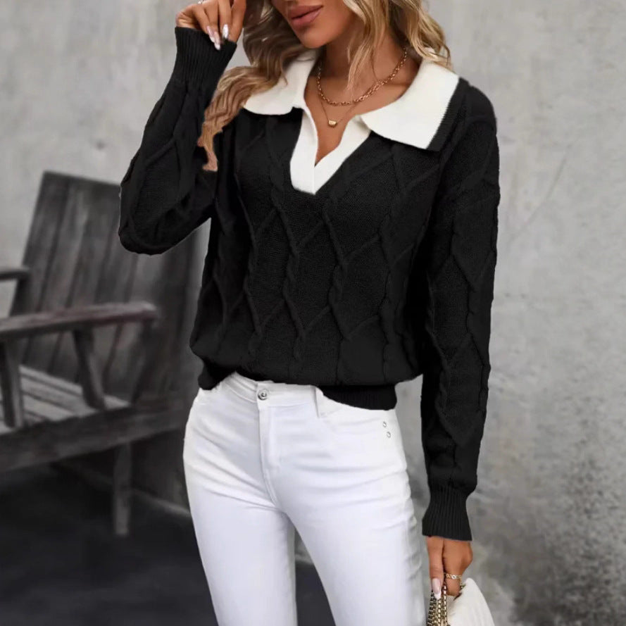 Women's Lapel Long Sleeve Contrast Color Knitted Sweater