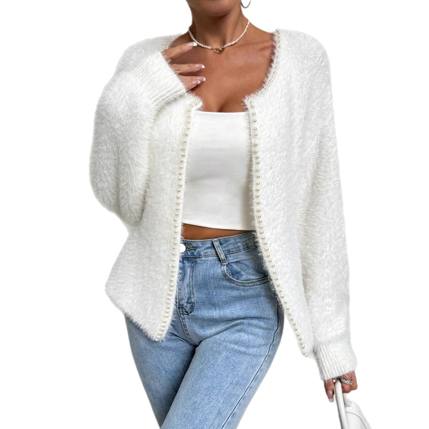 Women's Elegant Cardigan Sweater Solid Color And V-neck Fashion Bead Knitwear Coat