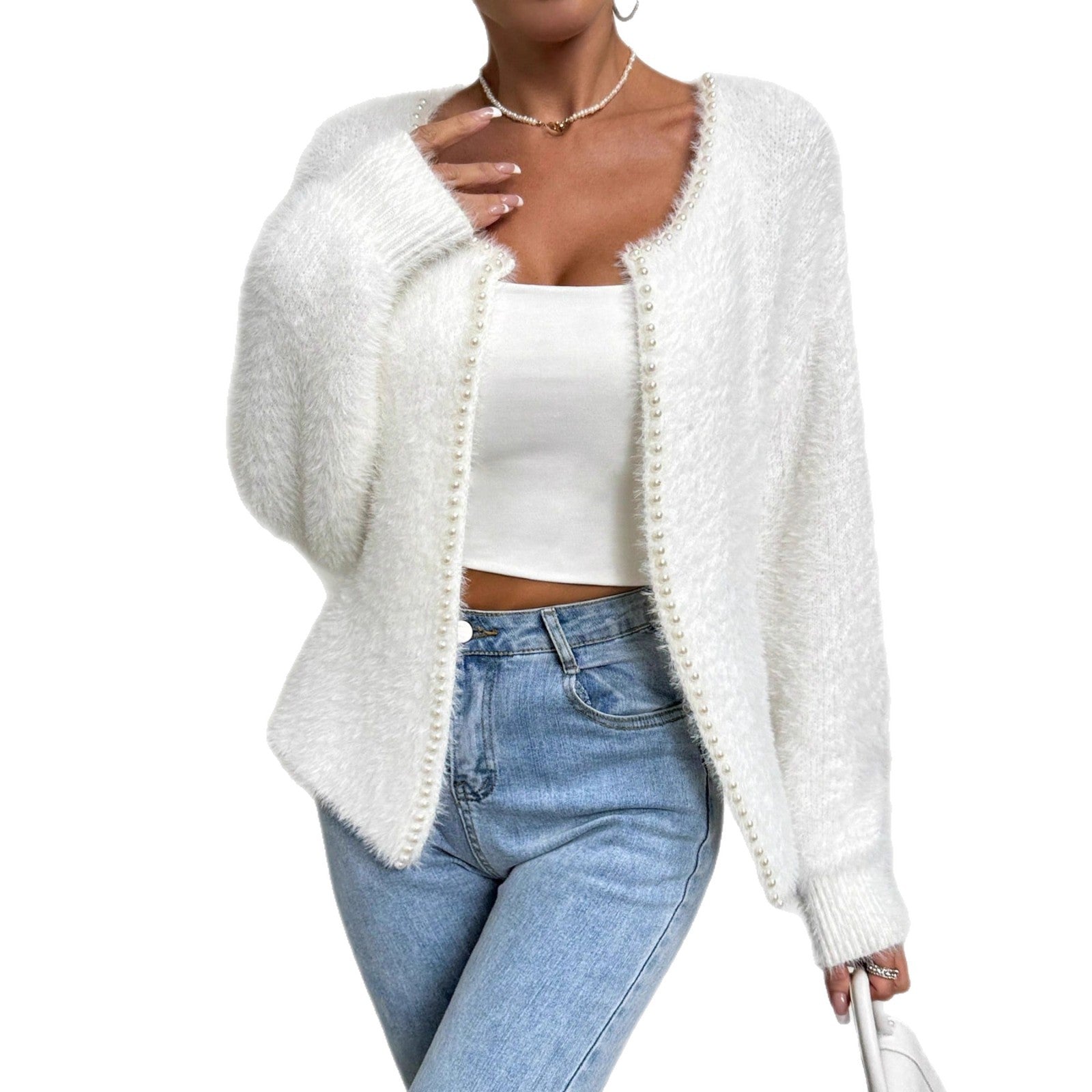 Women's Elegant Cardigan Sweater Solid Color And V-neck Fashion Bead Knitwear Coat