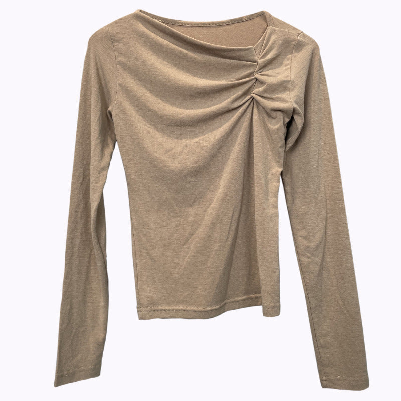 Diagonal Collar Long Sleeved Fitted T-shirt Base Solid Color Top