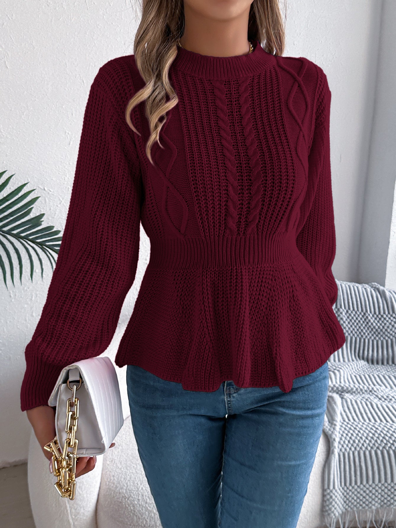 Women Solid Color Cable Knit Cinched Waist Ruffled Long Sleeve Pullover Sweater