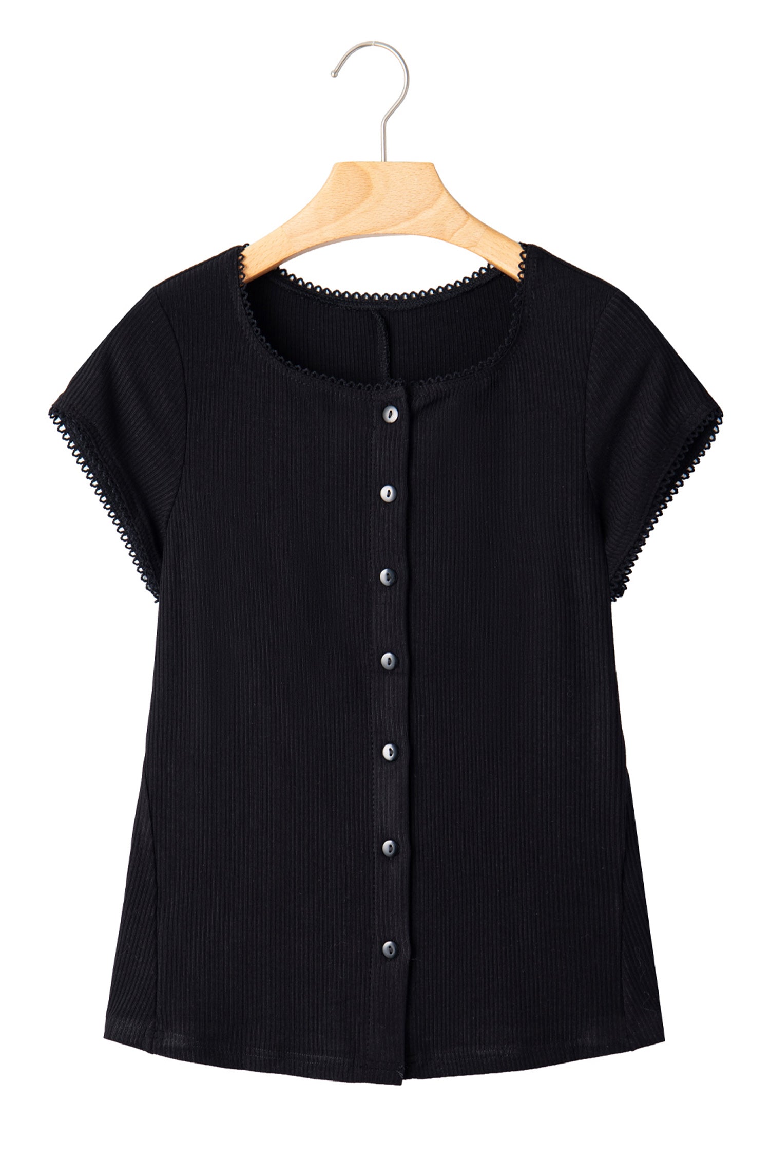 Black Solid Color Ribbed Knit Lace Trim Button Down Short Sleeve Top