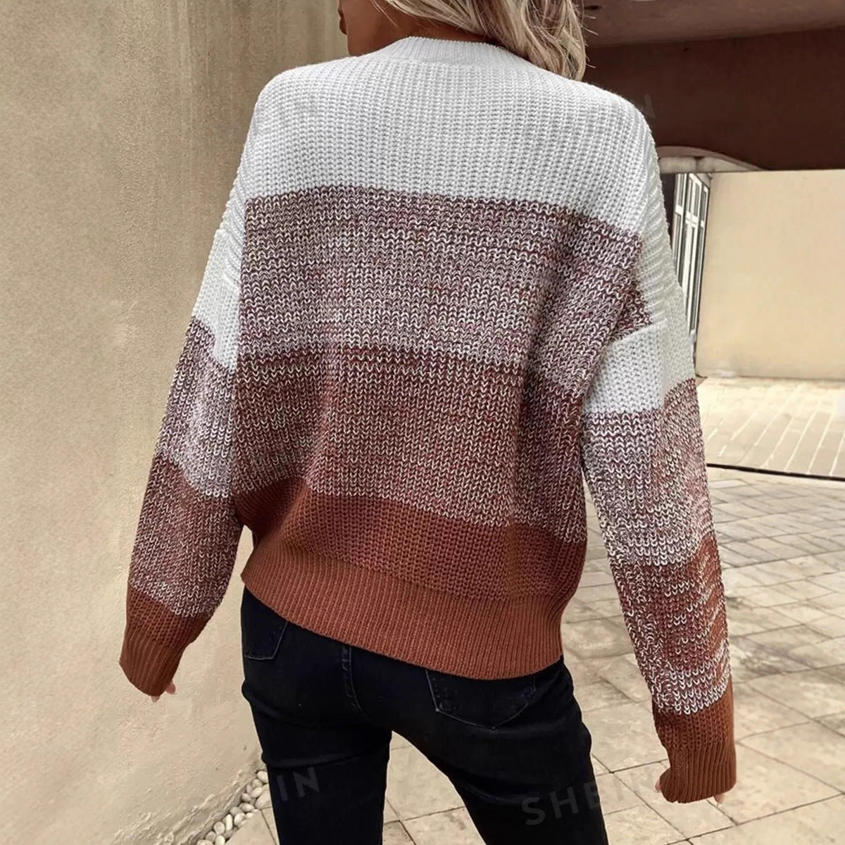 Women's Round-neck Loose Patchwork Color-block Knit Long-sleeve Sweater