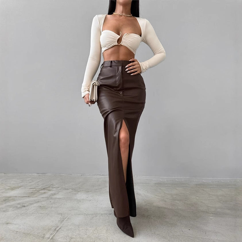 Leather Design Split Solid Color High Waist Simple Skirt