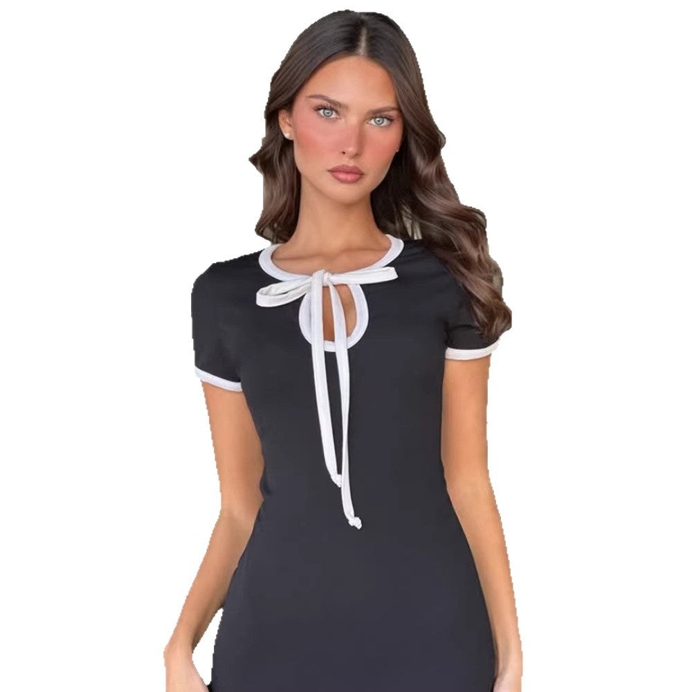 Lace-up Color-block Minimalist Slim-fit Versatile Dress