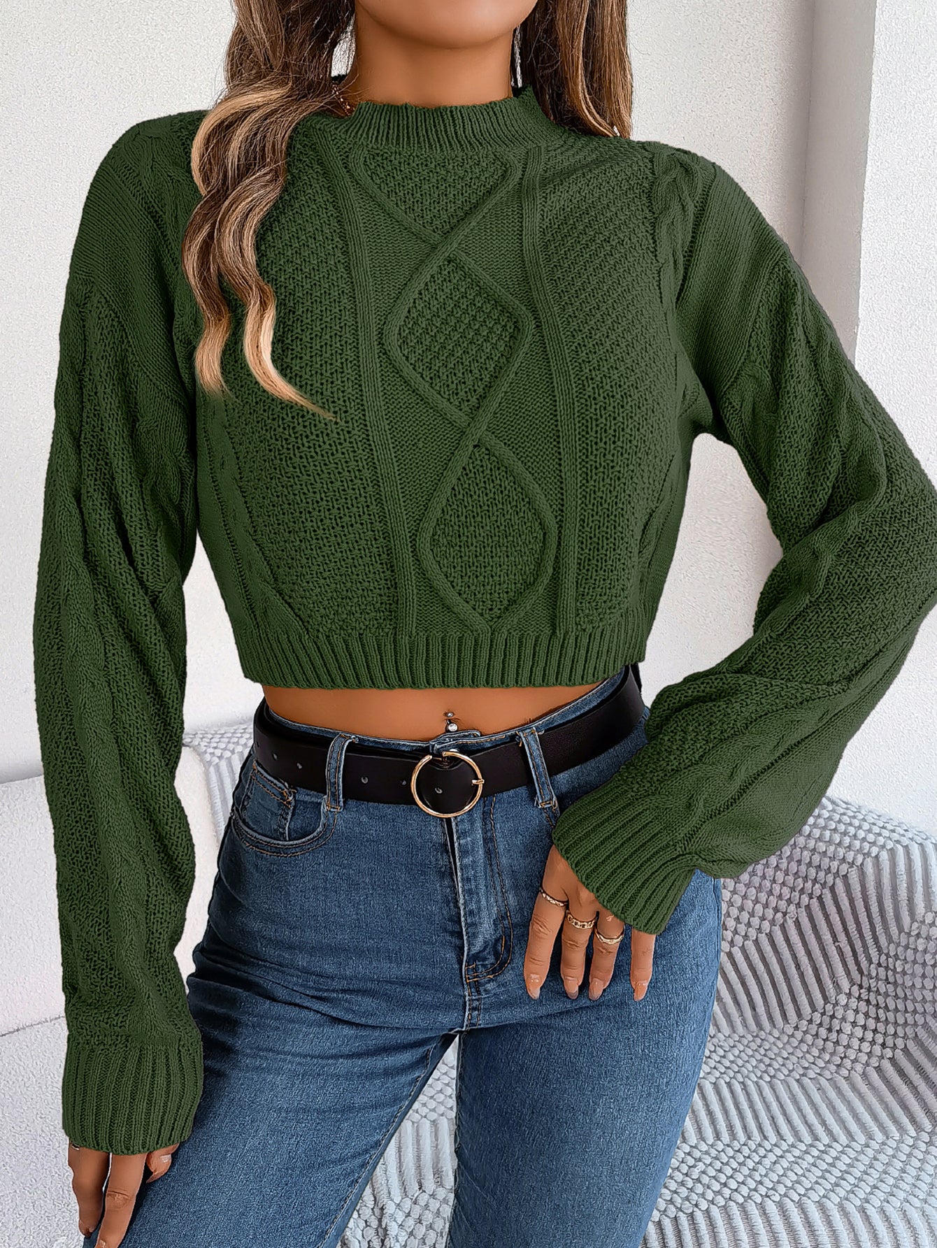 Women Casual Solid Color Cable Knit Long Sleeve Cropped Pullover