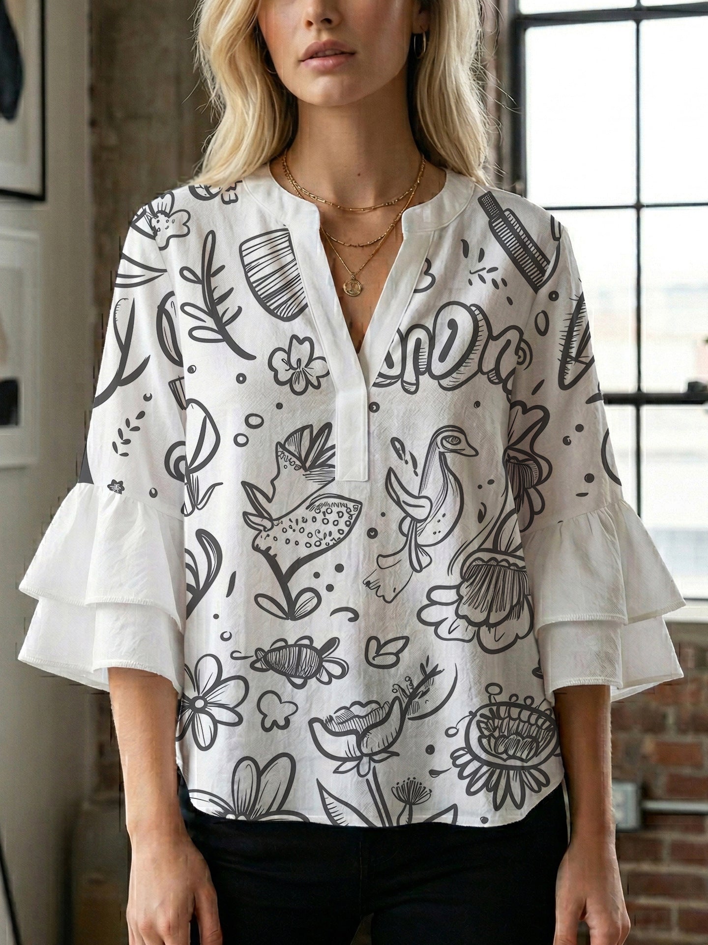 Women's Digital Print Puff Sleeve Top