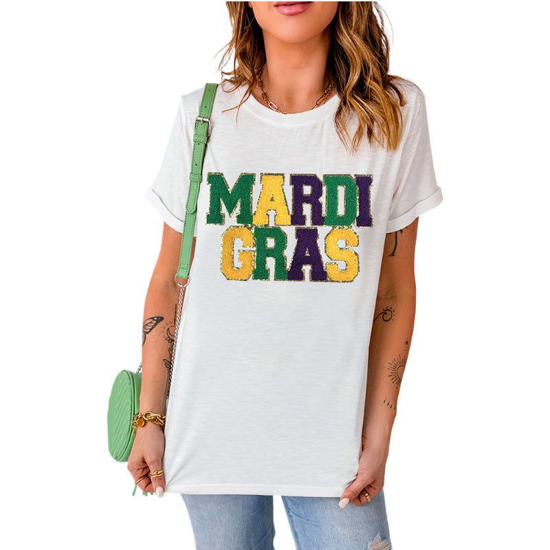 Solid-color Casual T-shirt Pullover Crew-neck Top For Women