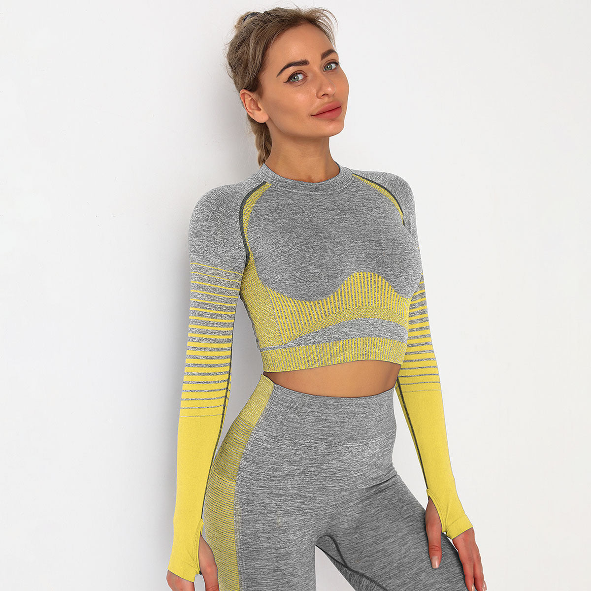 Women's Tights Seamless Knitted Color Matching Yoga Long Sleeves