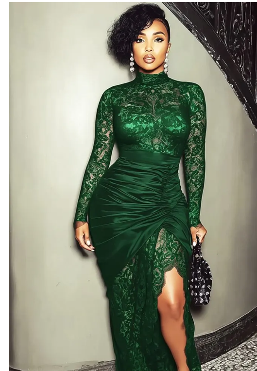 Mock Neck Ruched Slit Lace Christmas Party Maxi Dresses-Green