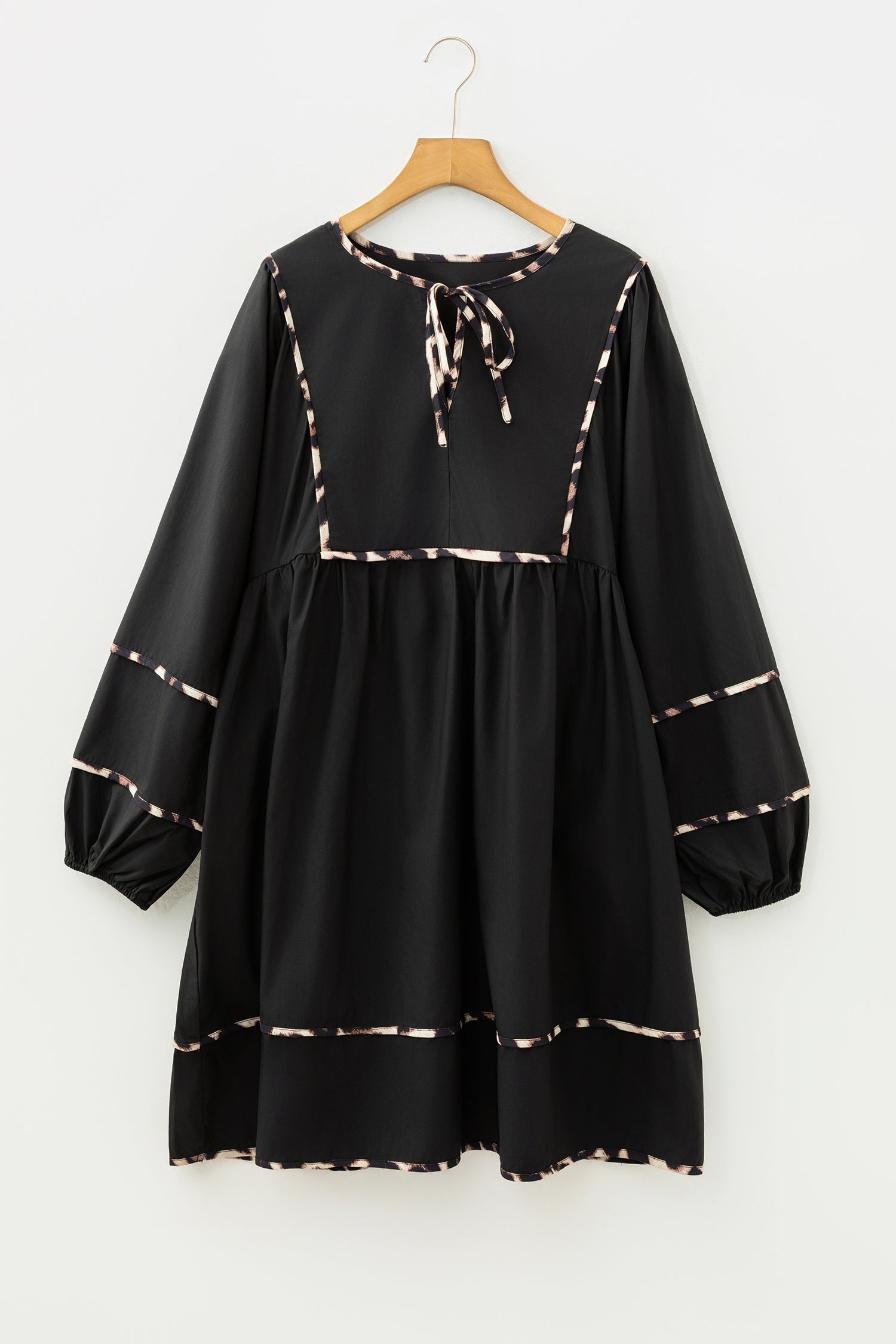 Black Plus Size Long Sleeve Leopard Contrasted Trim Tie Neck Flared Mini Dress