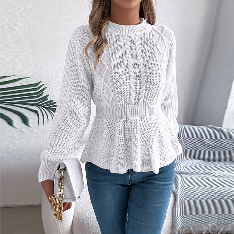 Women's Cable Knit Sweater With Peplum Hem Round Neck Ribbed Waist Top For Spring And Fall