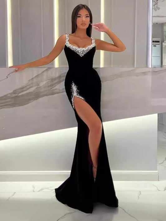 Tubeless long evening dress stage host luxury rhinestones