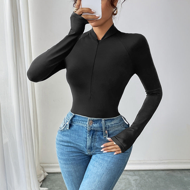 Sexy Casual Simple Half Zipped Stand Collar Long Sleeve Solid Color Jumpsuit