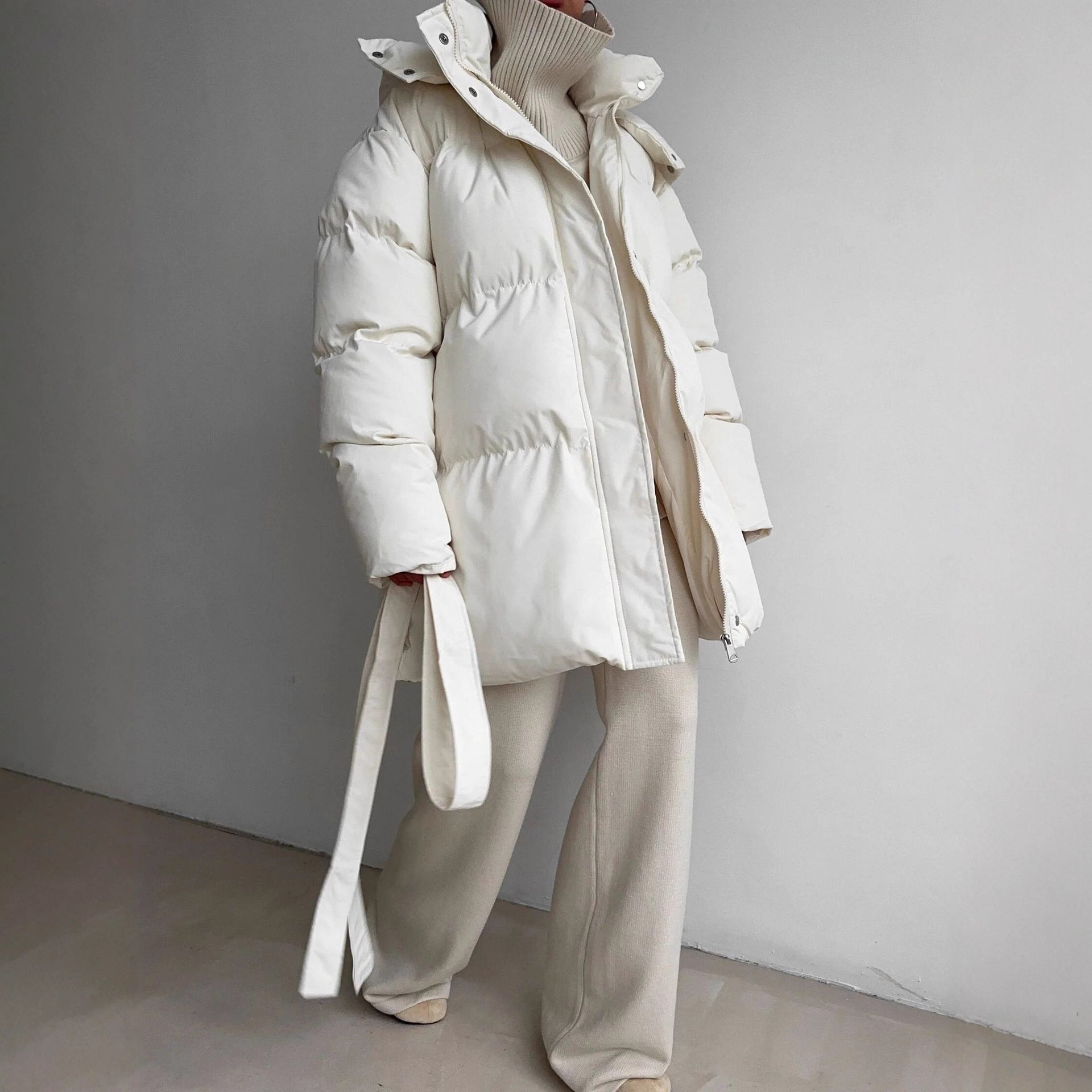 Casual Waist Tight Skinny Slimming Hooded Mid-length Bread Cotton-padded Jacket