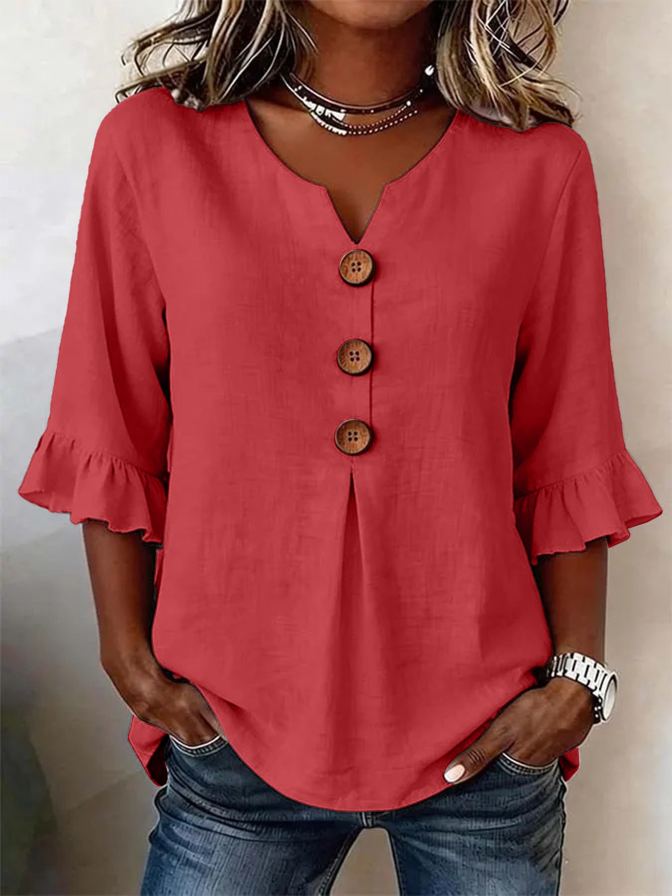 Women's V-neck Cotton-linen Button-up Top