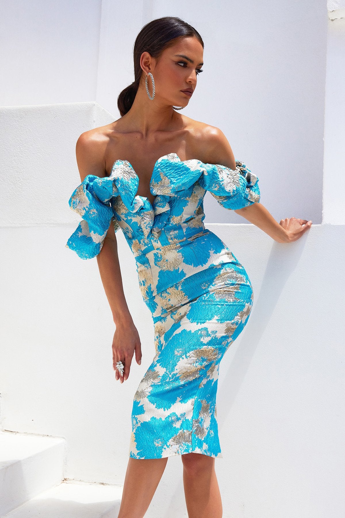 European And American Dress Print Wrap Chest Slit Off Shoulder French Dress Banquet Party Dress