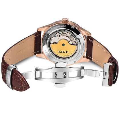 Marca LIGE, Relojes para Hombre, reloj mecánico automático Tourbillon, reloj deportivo, reloj de pulsera Retro informal de cuero para negocios, Relojes para Hombre 