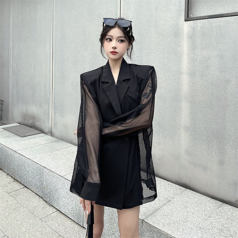 Summer thin spliced suit jacket for women with design slightly see-through long-sleeved mesh suit top for women