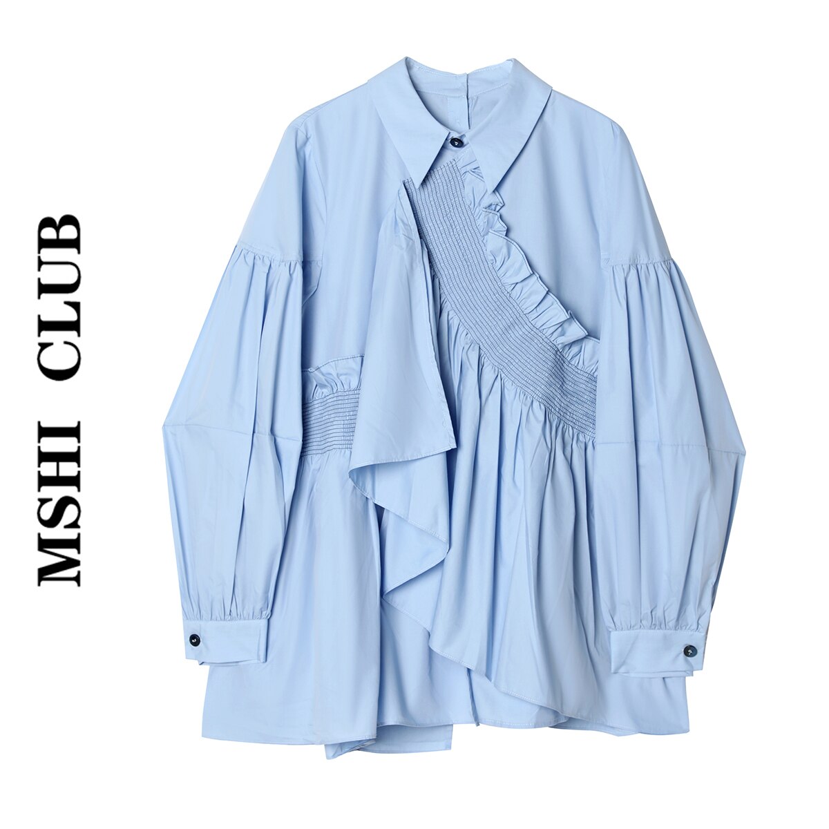 Slim Irregular Fold Blue Shirts Women's Spring Full Loose Turn-down Collar Casual Blouse