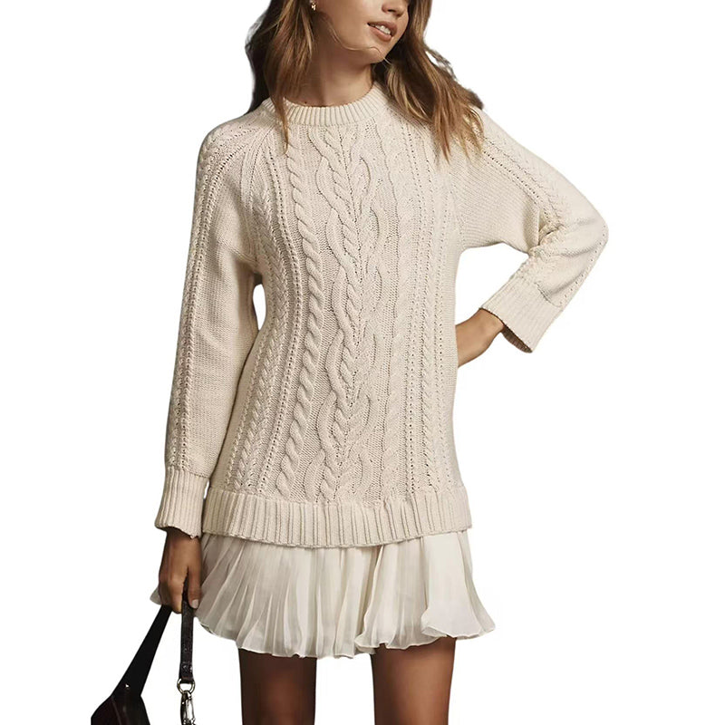 Women's Solid Color Cable Knit Sweater With Lace Hem, Round Neck Long Sleeve Top For Autumn And Winter