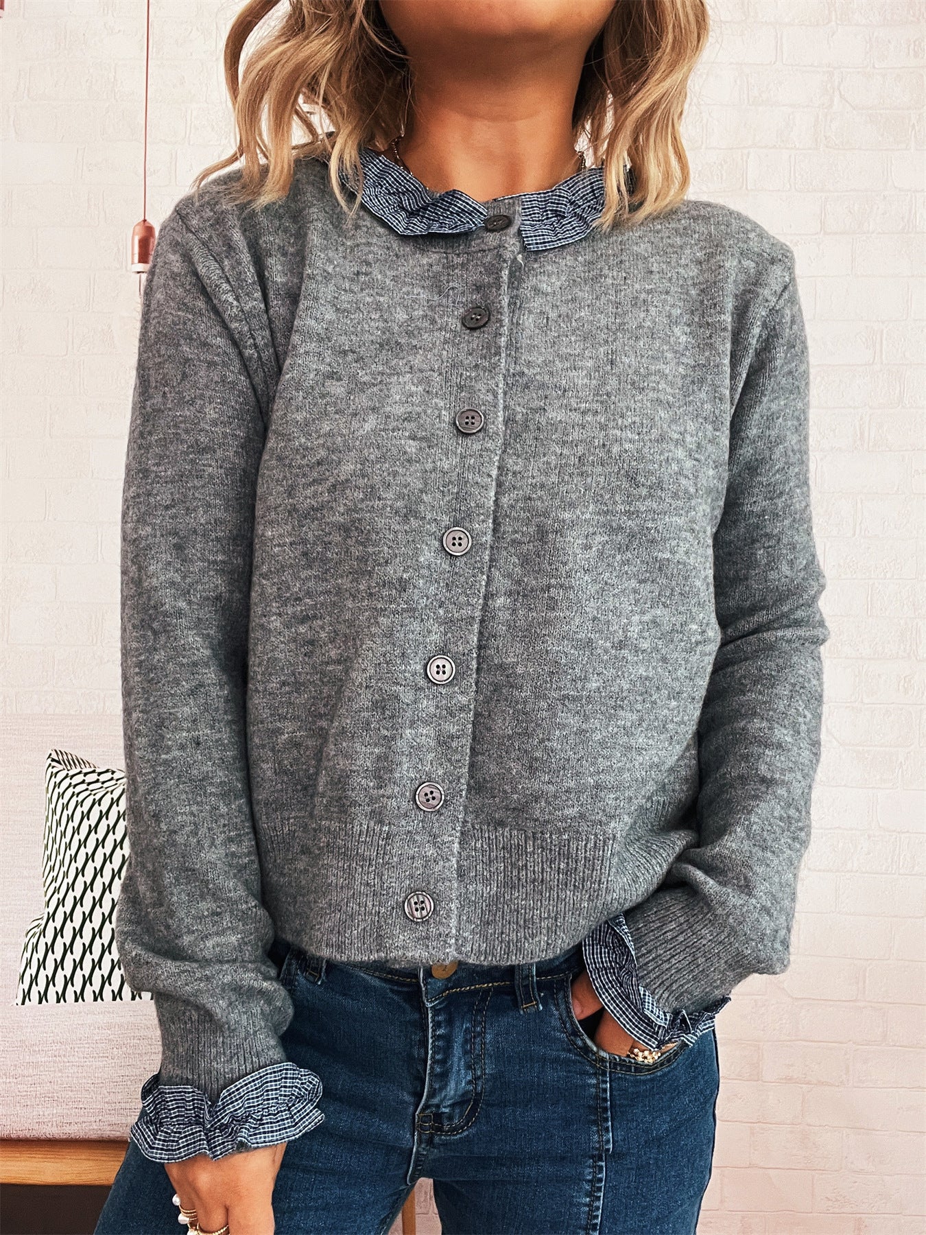 Lace Stitching Single-breasted Long Sleeve Solid Color Slim Fit Sweater