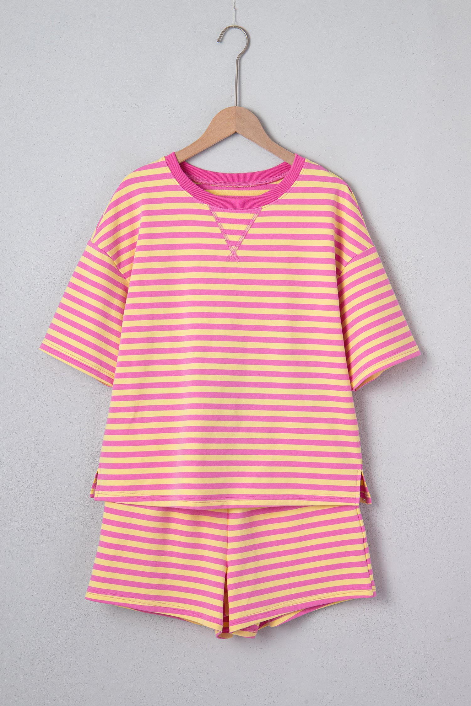 Rose Stripe Drop Shoulder Boxy Casual Terry Short Set