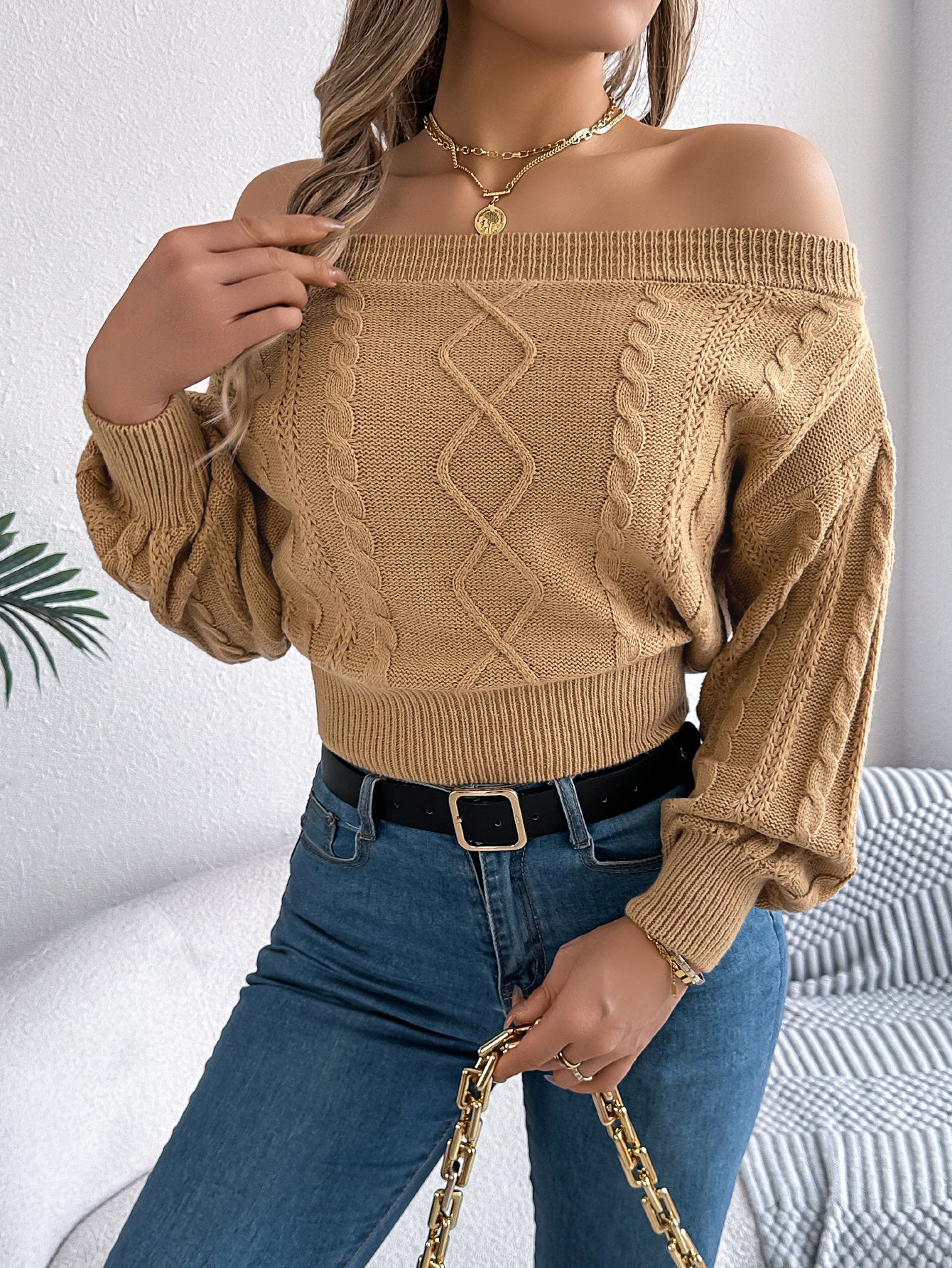 Women Casual Solid Color Off-Shoulder V-Neck Long Sleeve Pullover Sweater