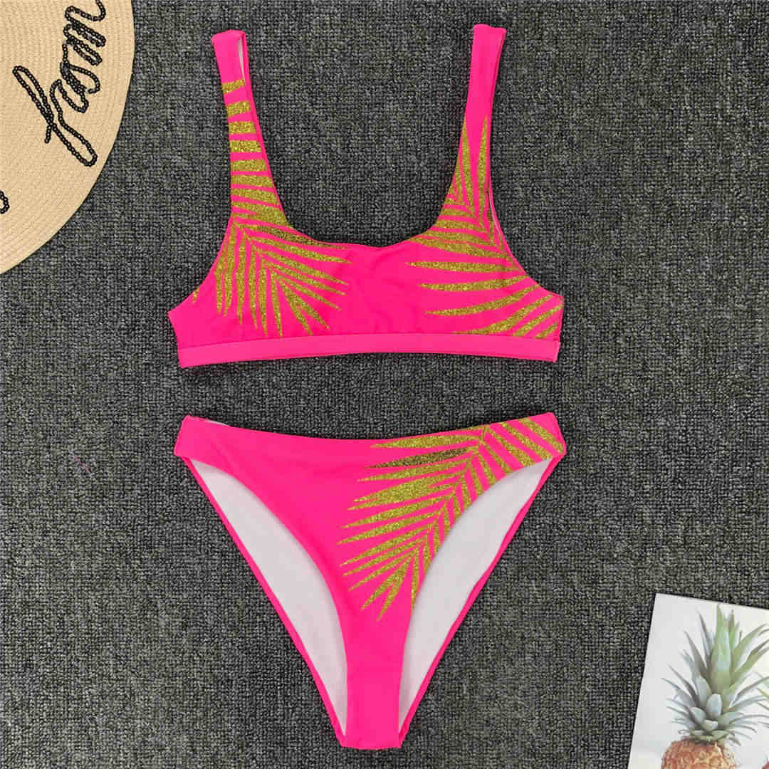 New Sexy Leave Print Female Swimsuit High Waist Bikini Women Swimwear Two-pieces Bikini set Bather Bathing Suit Swim