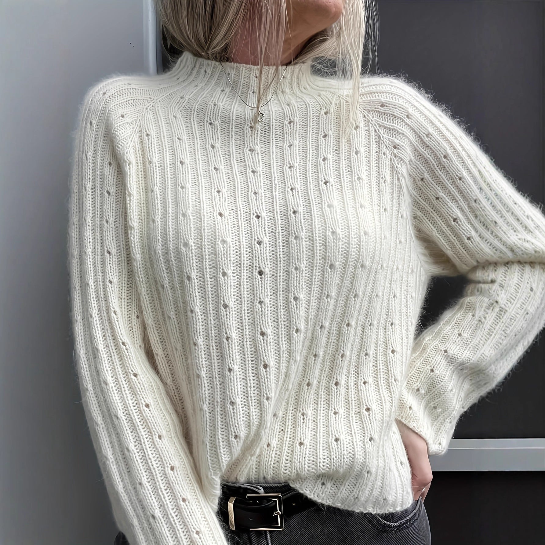 Laid-back Style Hollow-out Knitted Pullover With A Crew Neck
