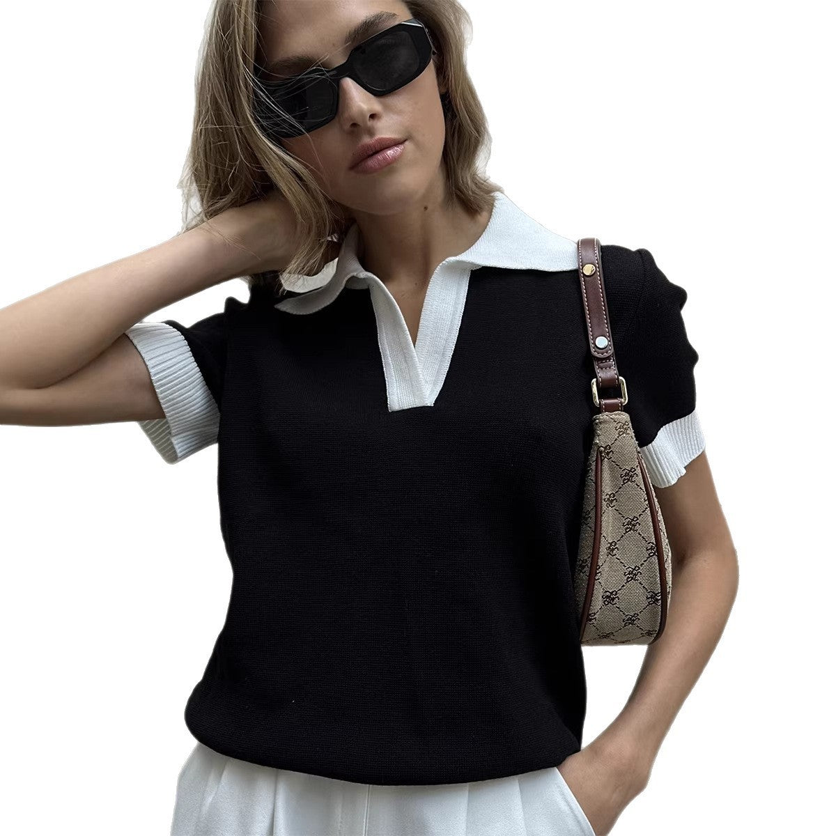 Elegant Commuter Polo-Neck Contrast-Color Loose Knit Top