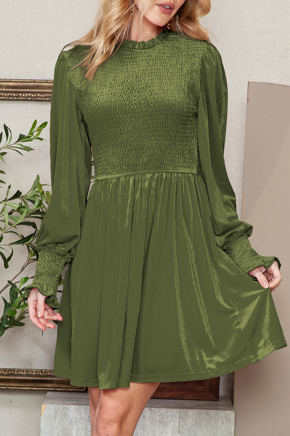 Green Smocked Lantern Sleeve Frilled Velvet Dress