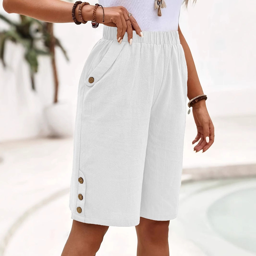 Cotton Linen Shorts Fifth Pants Women's Solid Color Casual Straight Pants
