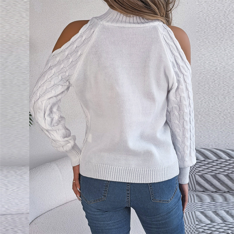 Women's Solid Color Off-Shoulder Cable Knit Sweater, High Neck Long Sleeve Pullover For Spring And Fall