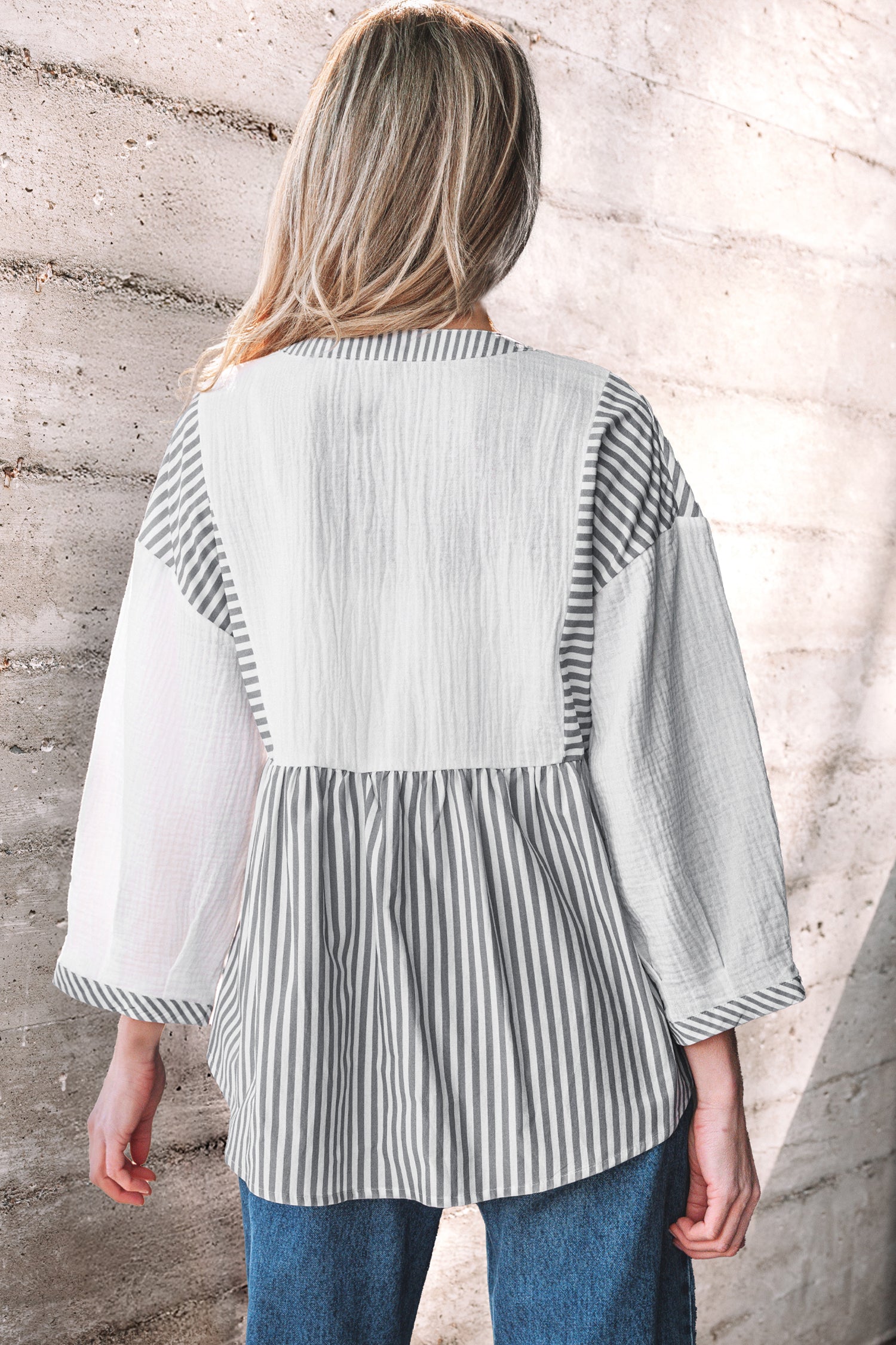Gray Stripe Half Button Gauze Patchwork Bracelet Sleeve Babydoll Blouse