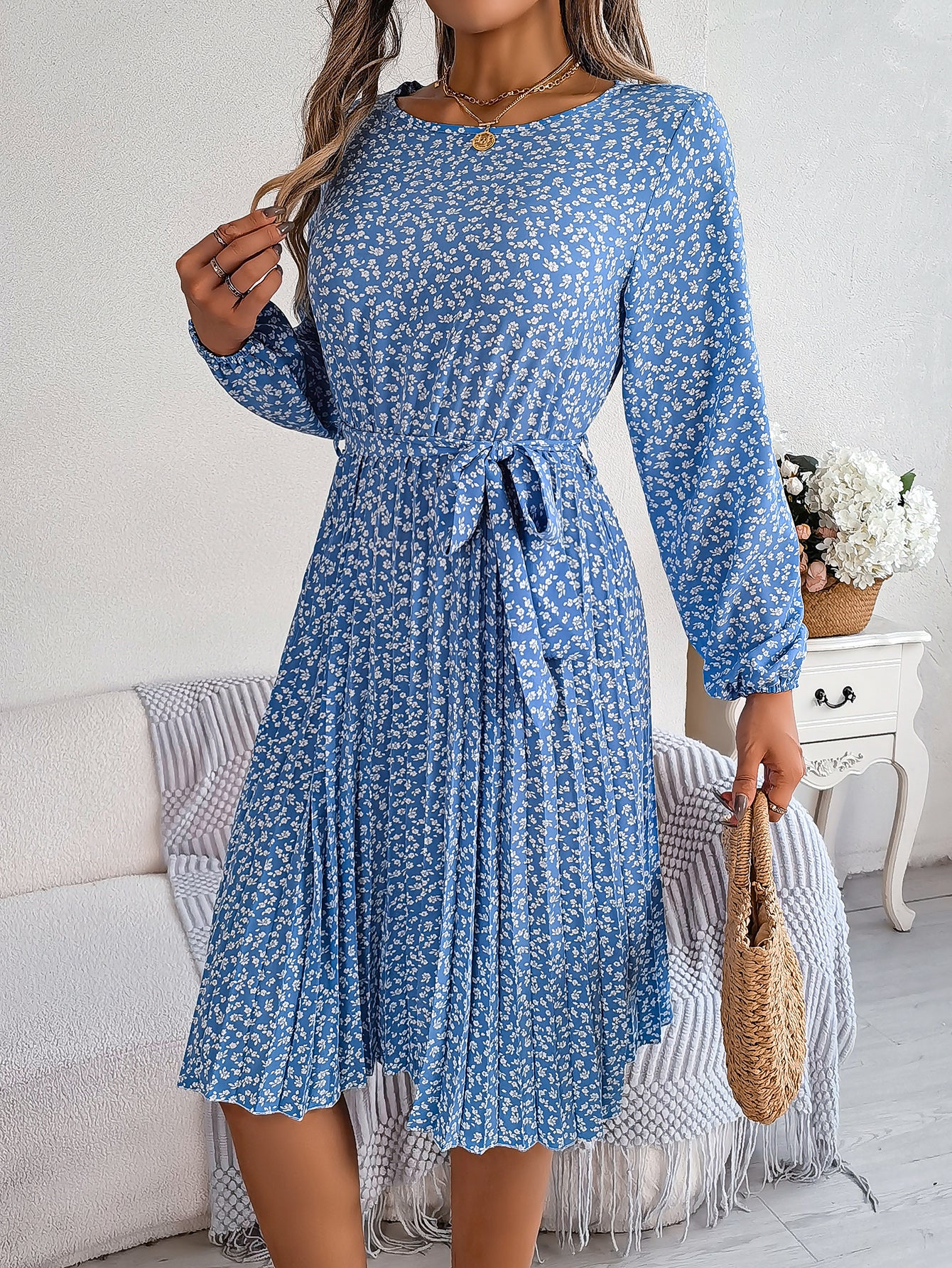 Women's Casual Long Sleeve Floral Flared Pleated Skirt