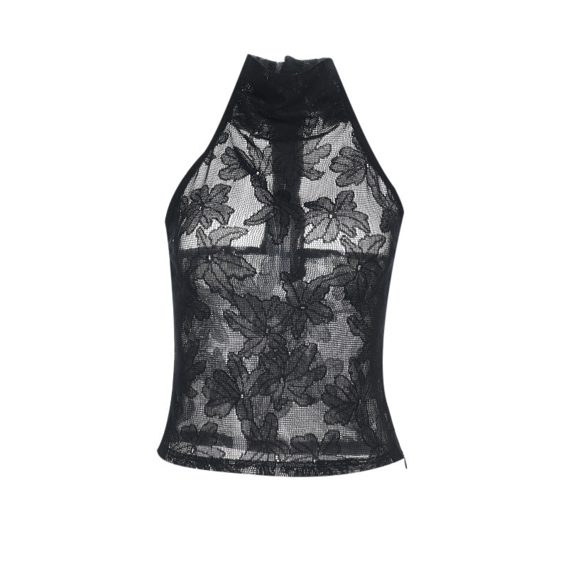 European And American-style Lace Halter Top With Fringed Floral Trim