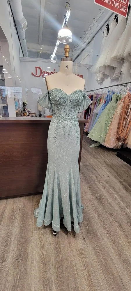 Glitter Gown with Off-Shoulder Sleeves, Lace-Up Corset Back, and Fishtail Train Prom Dress