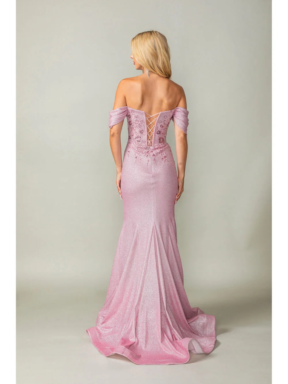Glitter Gown with Off-Shoulder Sleeves, Lace-Up Corset Back, and Fishtail Train Prom Dress
