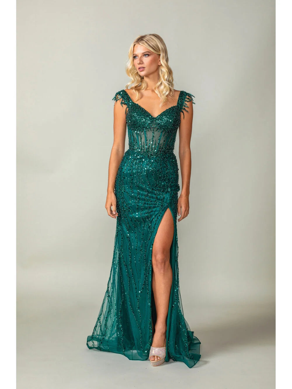 Beaded Off-the-Shoulder Mermaid Gown with Sheer Bodice and Sequin Detailing Prom Dress