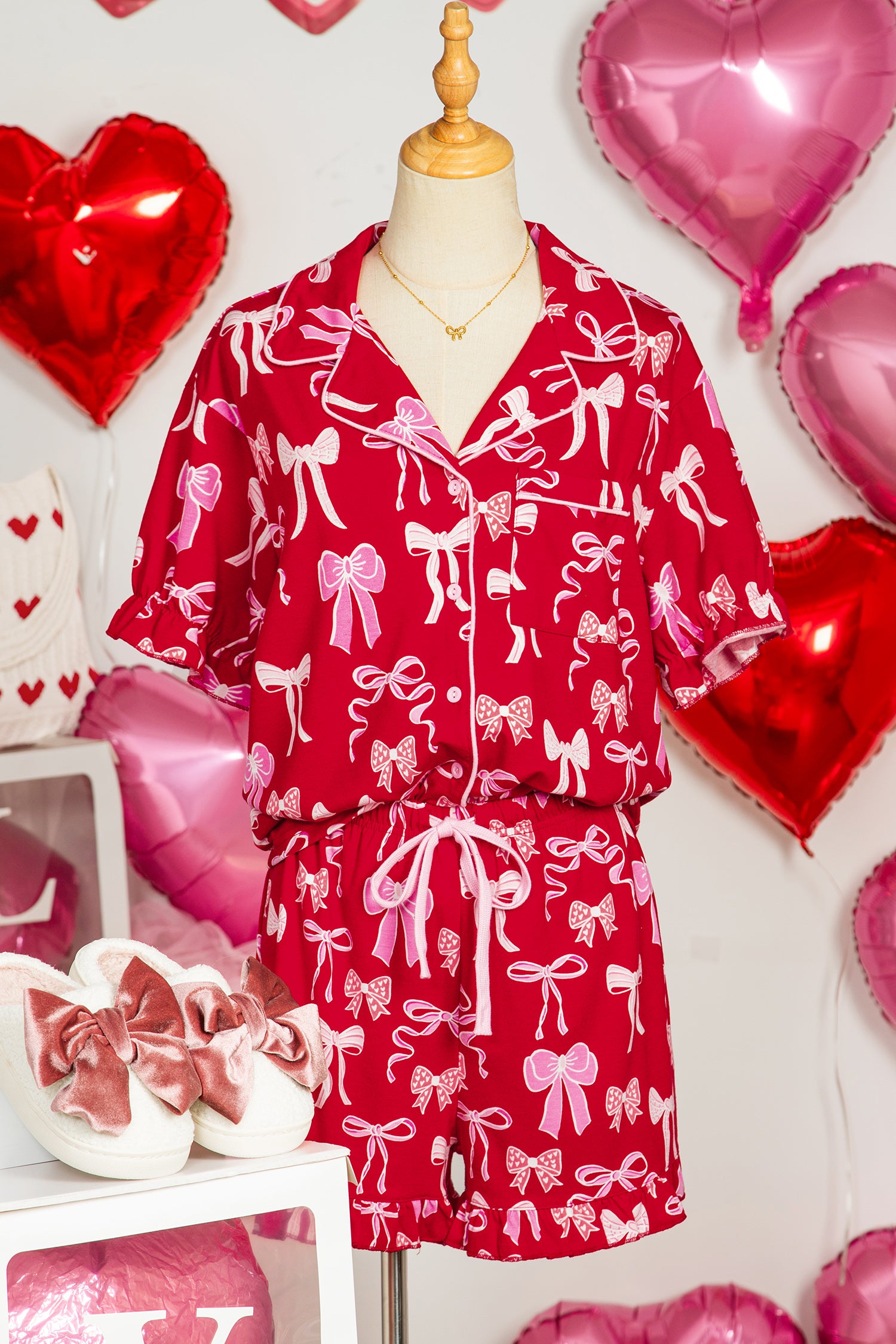 Red Sweet Bow Print Ruffled Short Sleeve Shirt Shorts 2pcs Pajama Set