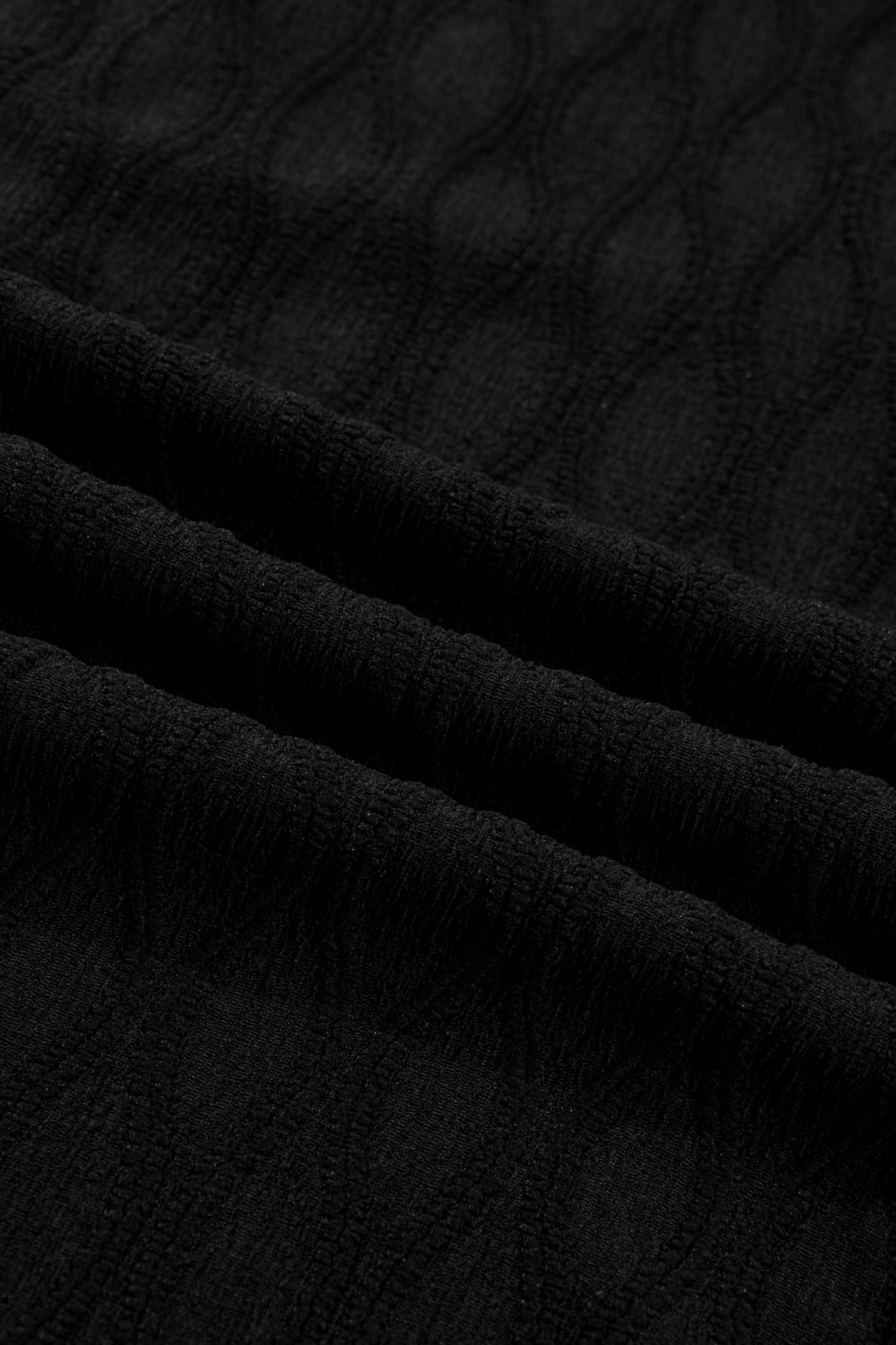 Black Solid Color Textured Notched Neck Puff Sleeve Blouse