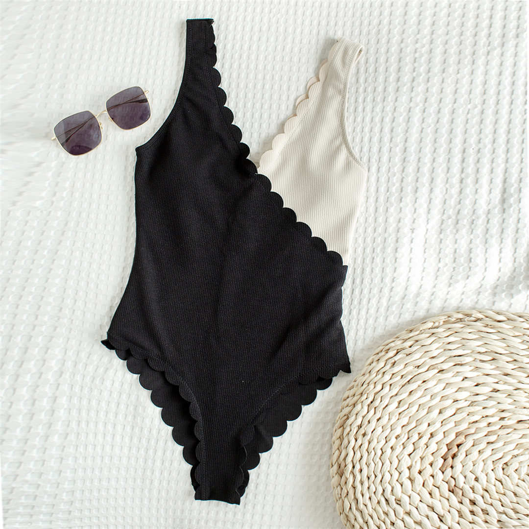 Scalloped Black Beige Splicing High Cut One Piece Swimsuit Women Swimwear Female Ribbed Bather Bathing Suit Swim Lady V2425