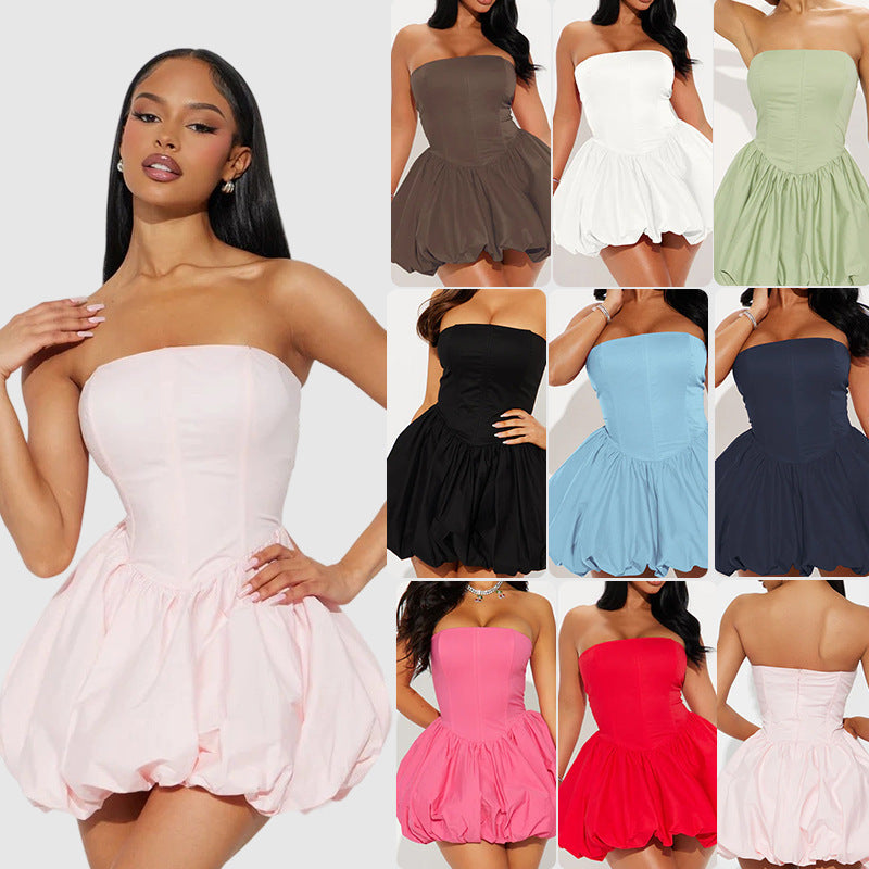 French Style Pure Design Sense Tube Top Cinched Waist Skirt