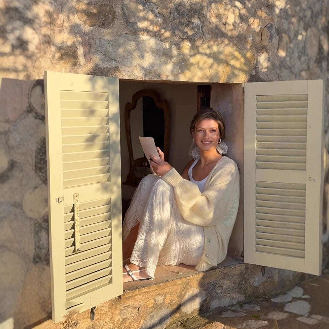 Soft Mohair V-neck Elegant Lazy Style Shell Buckle Lantern Sleeve Sweater