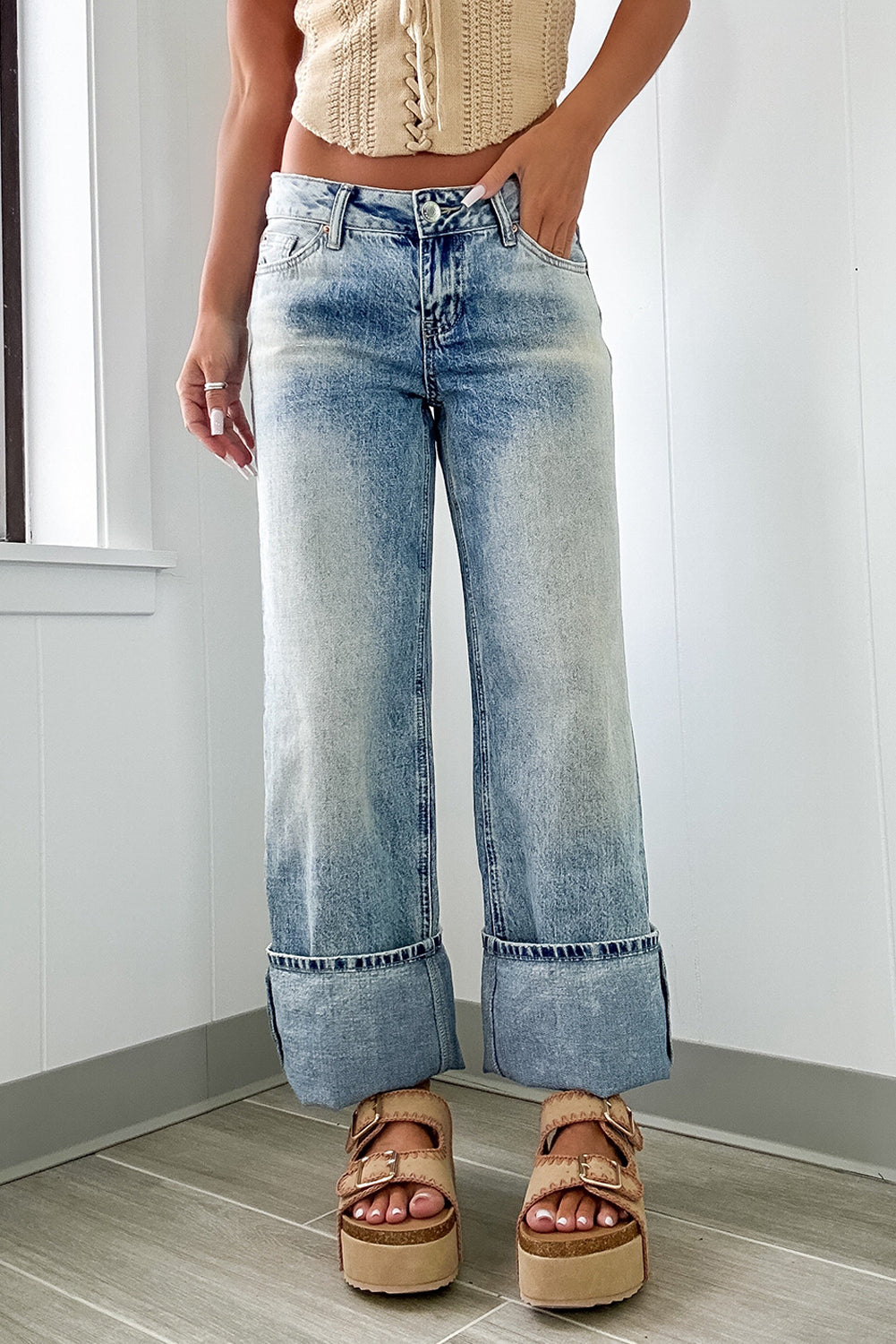 Jeans Myosotis lavati con zip e bottoni a vita alta