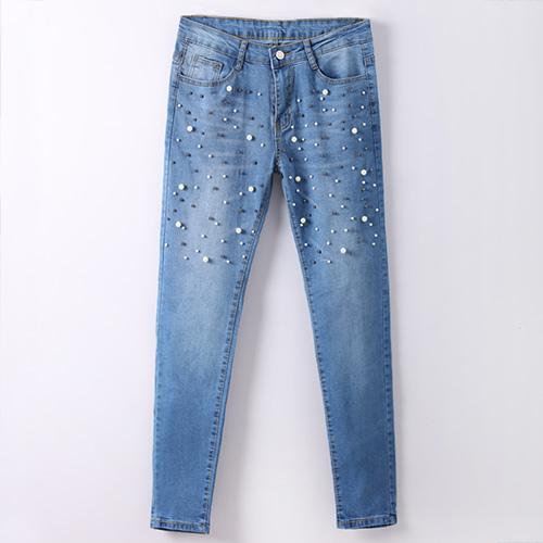 Denim Women Skinny Jeans With Pearls Pants Slim  Pearl Jeans Woman 2018 Mid Waist Pencil Jean For Women