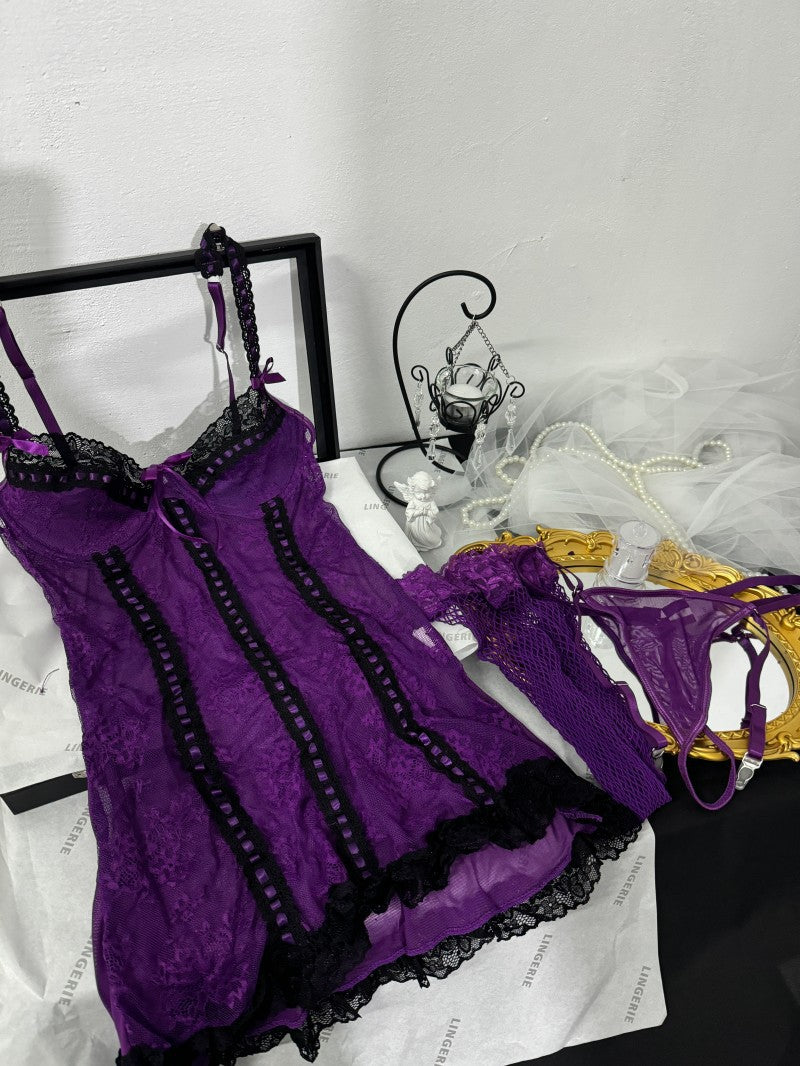 Sexy Lace Spliced Bodysuit Erotic Underwear Transparent Temptation Suit with Fishnet Stockings Dress